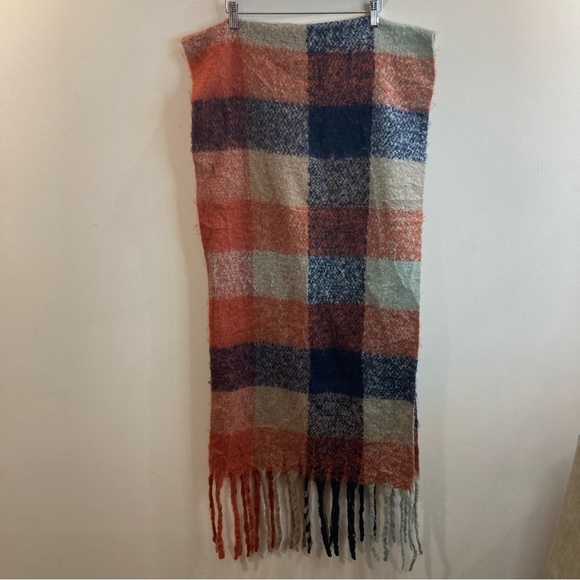 FINO & FINA 50% Wool  50% Viscose Checkers Denim South Western Vibes Large Scarf - Picture 3 of 7